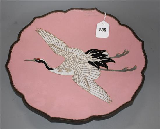 A Japanese cloisonne dish, Meiji period, decorated with a flying crane, 37cm